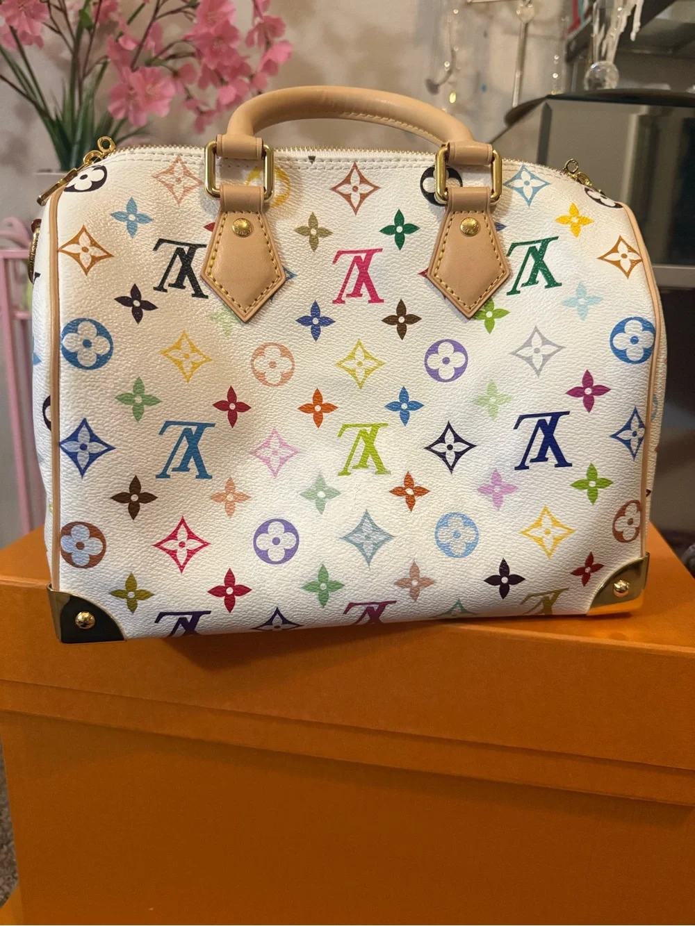 Louis Vuitton White Multicolor Monogram Satchel with Vachetta Handles
